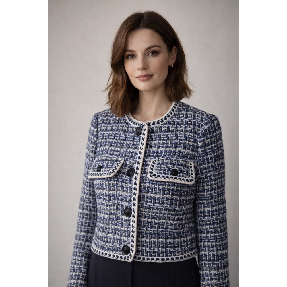 Christian Lacroix Women's M Blue White‎ Tweed Cropped Jacket Contrast Trim NWT
